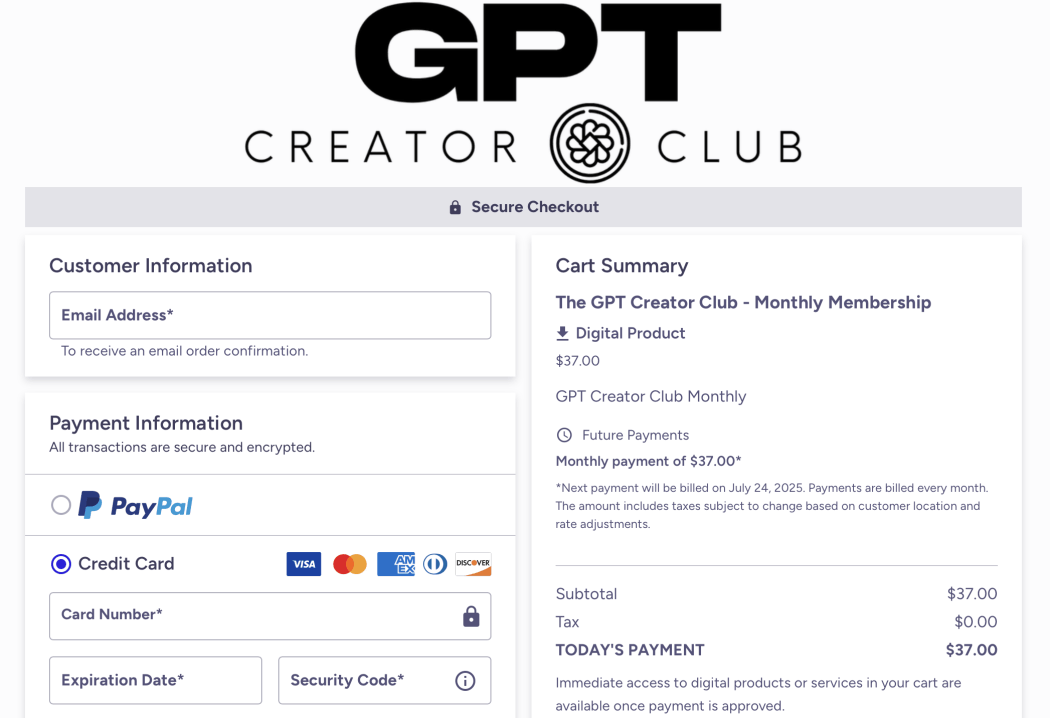 GPT Creator Club Checkout Page